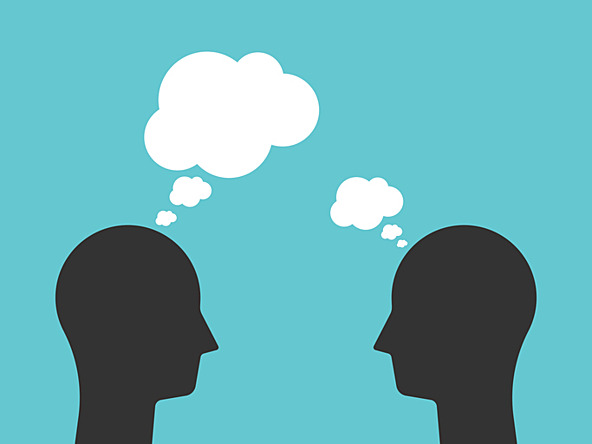 two head silhouettes with two thought bubbles